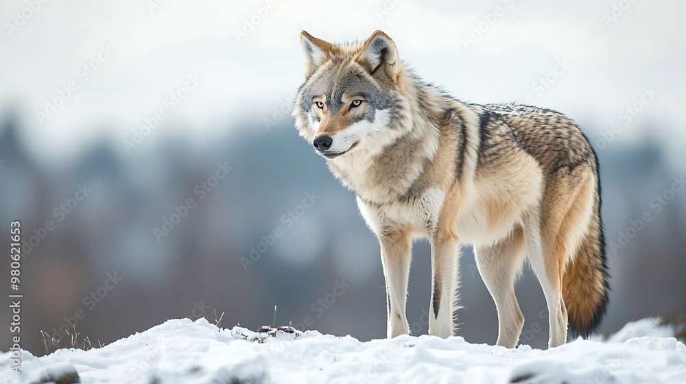 A lone wolf silhouetted against a snow-covered mountain range, with a sense of solitude and strength in its posture. The scene evokes a feeling of awe and wonder at the resilience of wildlife in A lone wolf silhouetted against a snow-covered mountain range, with a sense of solitude and strength in its posture. The scene evokes a feeling of awe and wonder at the resilience of wildlife in