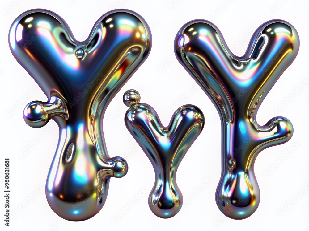 3D chrome font set, liquid metal y2k alphabet, futuristic silver melted effect ABC, mercury letters. Hologram bubble reflective typeface, droplet trendy acid style, groovy shapes. Glossy chrome font