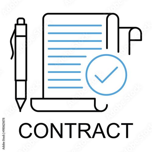 Vector icon for contract signing. A document with a pen and check mark represents agreement and legal commitments, styled in simple monoline.