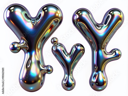 Obraz na płótnie 3D chrome font set, liquid metal y2k alphabet, futuristic silver melted effect ABC, mercury letters. Hologram bubble reflective typeface, droplet trendy acid style, groovy shapes. Glossy chrome font w salonie