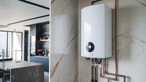 A modern white tankless water heater connected to the main water and plumbing system