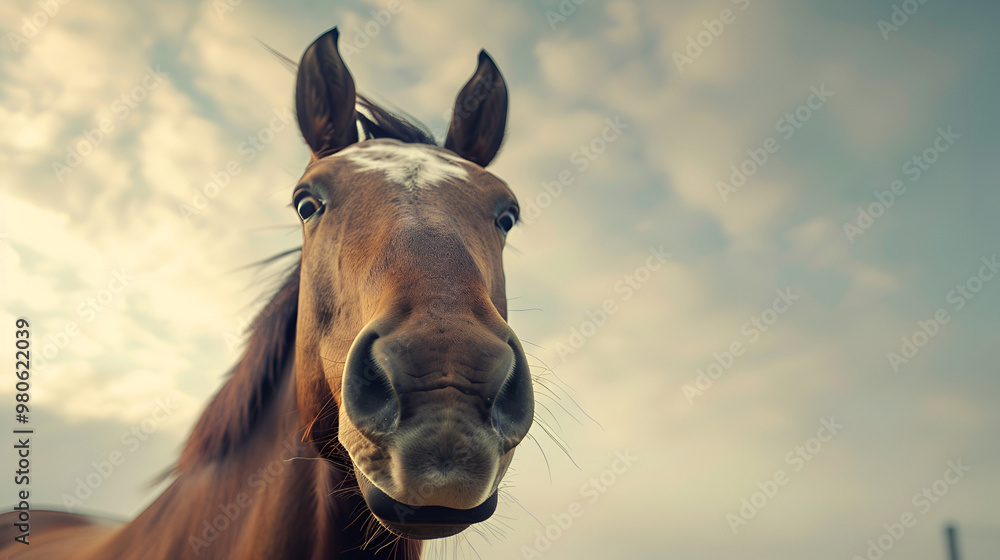 Fototapeta premium Majestic Horse Portrait in Soft Natural Light, Close-up of Elegant Brown Horse with Focused Expression and Detailed Fur Texture, Serene Nature Background