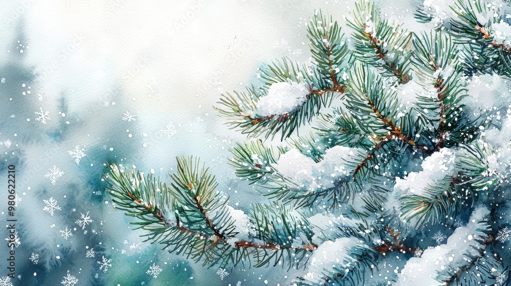 A picturesque winter scene with evergreen fir tree twigs blanketed in snow, the snowflakes clinging delicately to the green needles, creating a stunning contrast and enhancing the tranquil beauty of A picturesque winter scene with evergreen fir tree twigs blanketed in snow, the snowflakes clinging delicately to the green needles, creating a stunning contrast and enhancing the tranquil beauty of