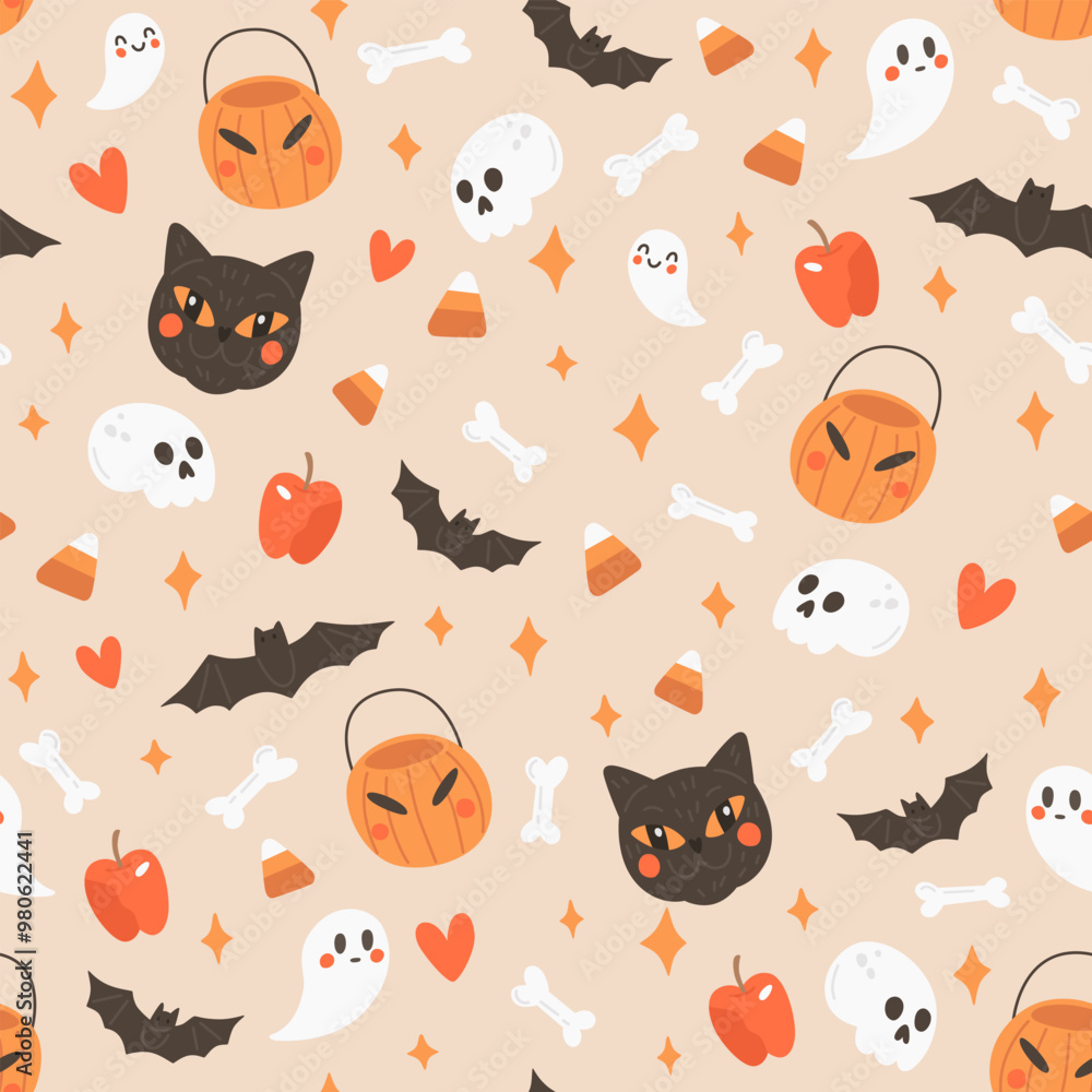 Halloween vector seamless pattern with black cat, pumpkins, ghosts, skull, bones, bats. Cute autumn texture on beige background. Halloween vector seamless pattern with black cat, pumpkins, ghosts, skull, bones, bats. Cute autumn texture on beige background.