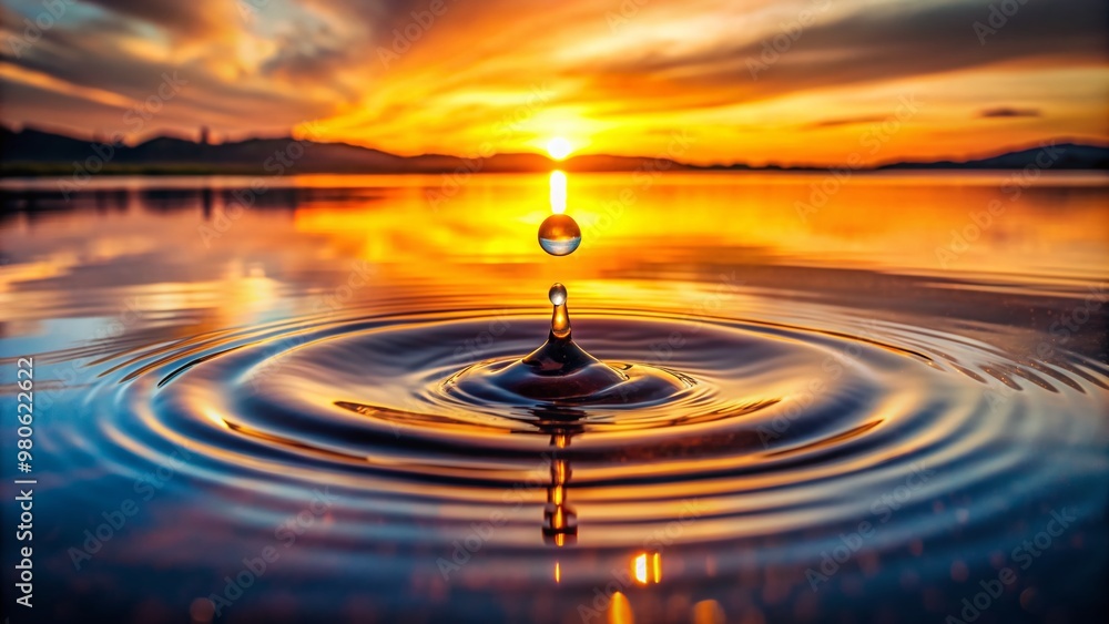 Serene sunset cinemagraph of a single water droplet falling, creating gentle ripples on a calm, glassy lake surface, bathed in warm, golden light. Serene sunset cinemagraph of a single water droplet falling, creating gentle ripples on a calm, glassy lake surface, bathed in warm, golden light.