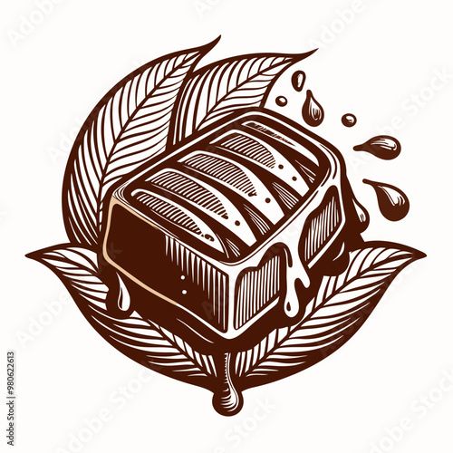 Artistic Chocolate Bar Surrounded by Cocoa Leaves with Dripping Effect