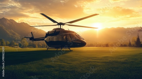 Helicopter Landing at Sunrise on Serene Landscape