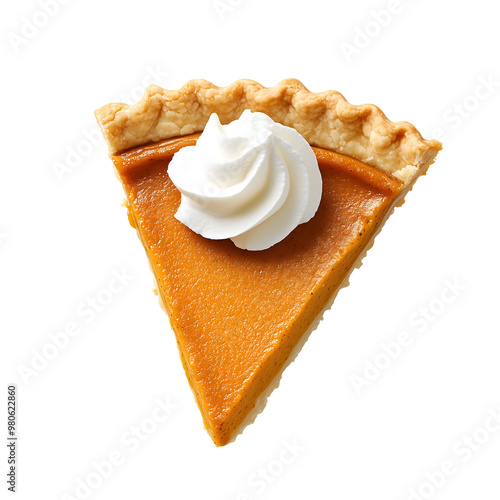 Slice of Classic Pumpkin Pie Whipped Cream Overhead Shot Transparent Background Cutout