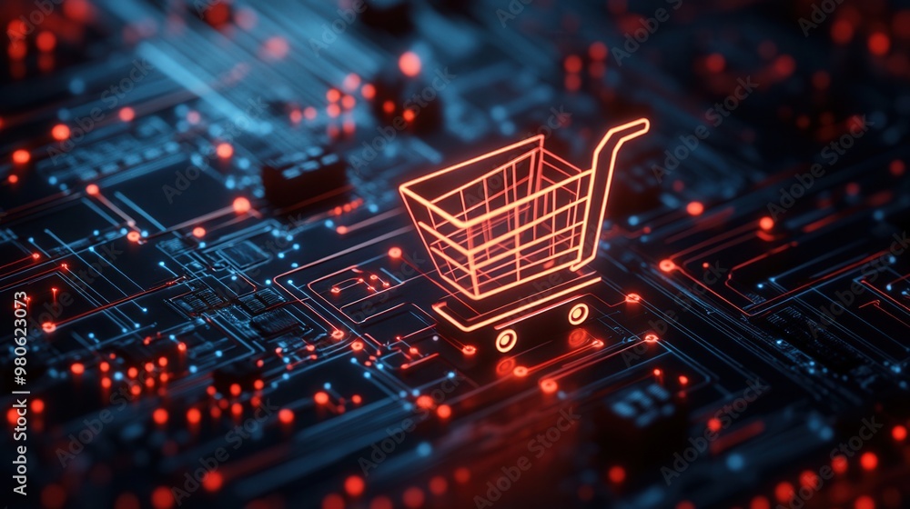 Digital Shopping Cart on Circuit Board Background Digital Shopping Cart on Circuit Board Background
