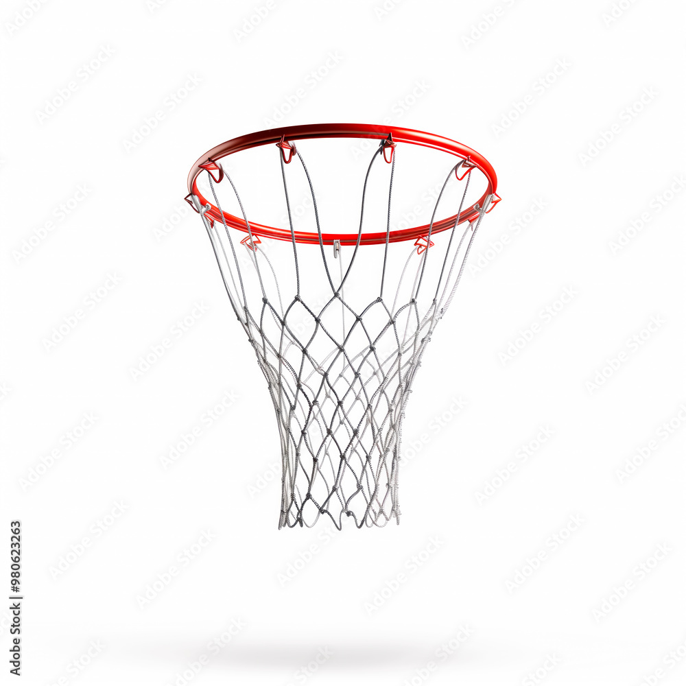 Basketball hoop with a white net, isolated against a white background. Concept of sports and basketball Basketball hoop with a white net, isolated against a white background. Concept of sports and basketball