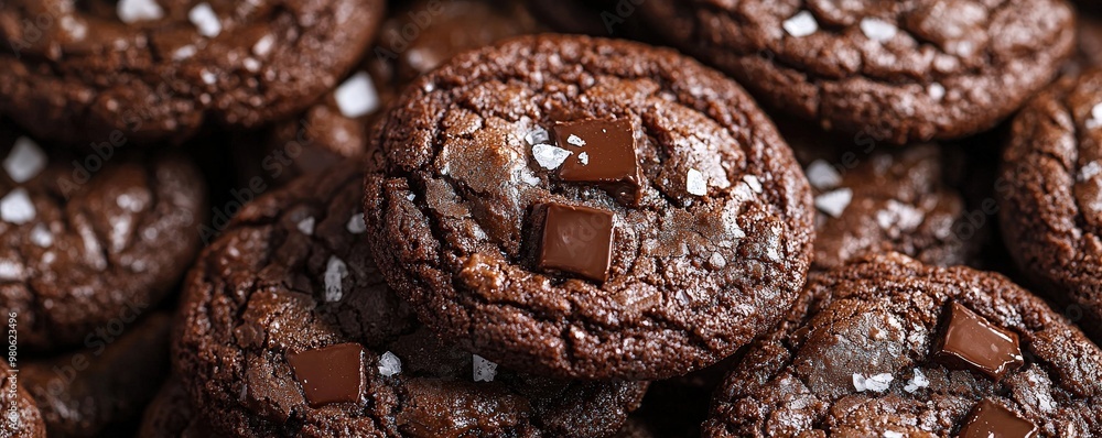 A close-up view of decadent chocolate cookies, their rich, dark brown surfaces dotted with melting chunks of chocolate and a hint of flaky sea salt, the cookies glistening with a slightly crispy edge
