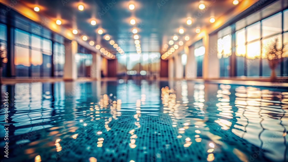 Serene indoor swimming pool water surface reveals intricate textures and ripples with soft, blurred background bokeh, evoking a sense of calm and tranquility. Serene indoor swimming pool water surface reveals intricate textures and ripples with soft, blurred background bokeh, evoking a sense of calm and tranquility.