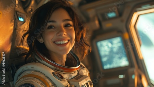 Fototapeta Naklejka Na Ścianę i Meble -  close-up photo of beautiful woman astronaut smiling in space station 