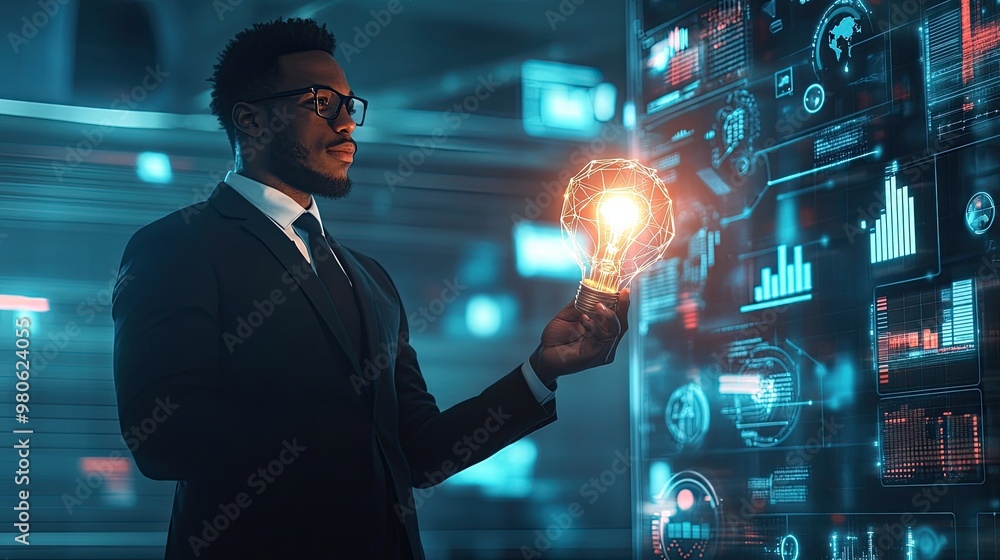 Businessman Holding Light Bulb in Modern Office Environment Businessman Holding Light Bulb in Modern Office Environment
