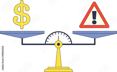 A balance scale with a dollar sign on one side and a caution symbol on the other, representing the trade-off between financial gain and risk.