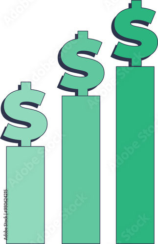 A bar graph with each bar topped with a dollar sign, symbolizing financial growth and increasing profits.