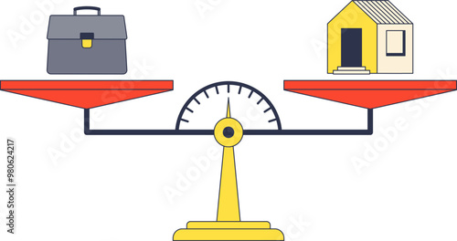 A balance scale with a briefcase on one side and a house on the other, symbolizing work-life balance.