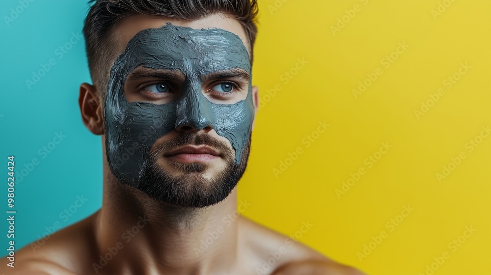 A man with a grey facial mask enjoys self-care in a colorful room with yellow and blue walls during daylight A man with a grey facial mask enjoys self-care in a colorful room with yellow and blue walls during daylight