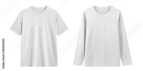 Fotografie Two white t shirts, one short sleeve and one long sleeve, isolated on white background