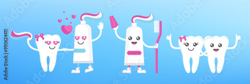 Funny cute smile and sad teeth characters. Dental health. photo