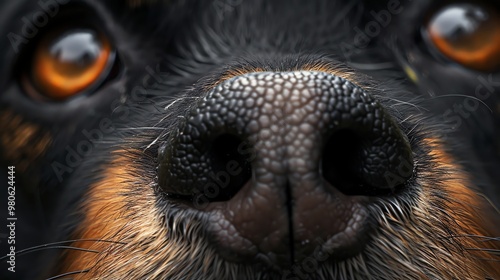 A closeup of a dog's wet nose and eye. photo