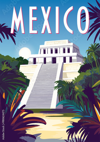 Mayan pyramid ruins with columns and stairs, palm trees and forest in the background. Handmade drawing vector illustration. Mexico travel poster.