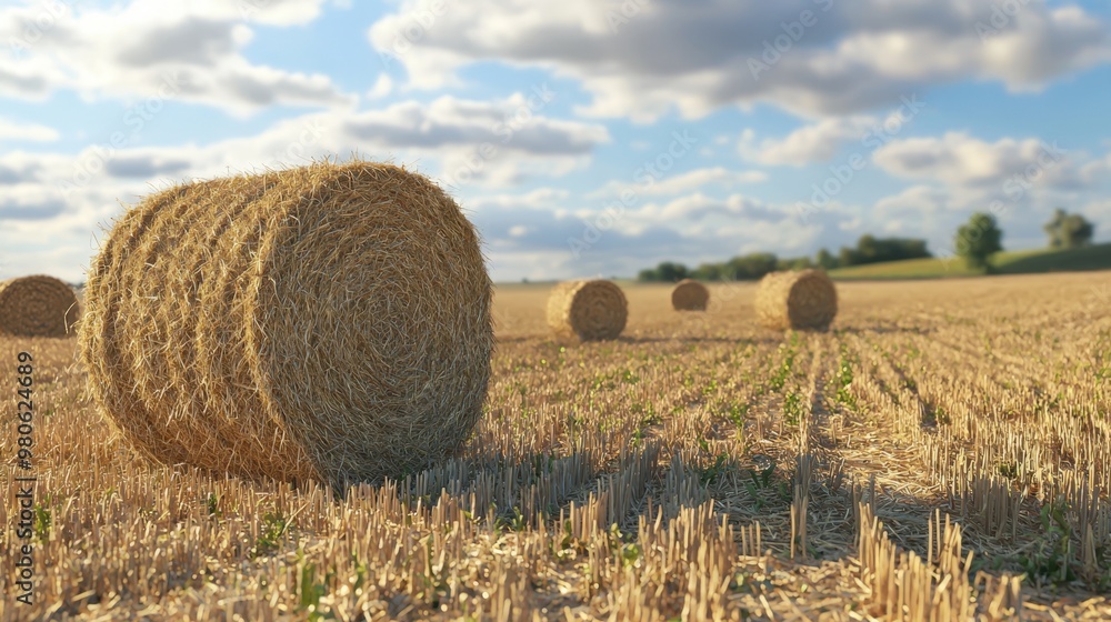 Golden hay bales scattered across a sunlit field under a vibrant blue sky in autumn Golden hay bales scattered across a sunlit field under a vibrant blue sky in autumn
