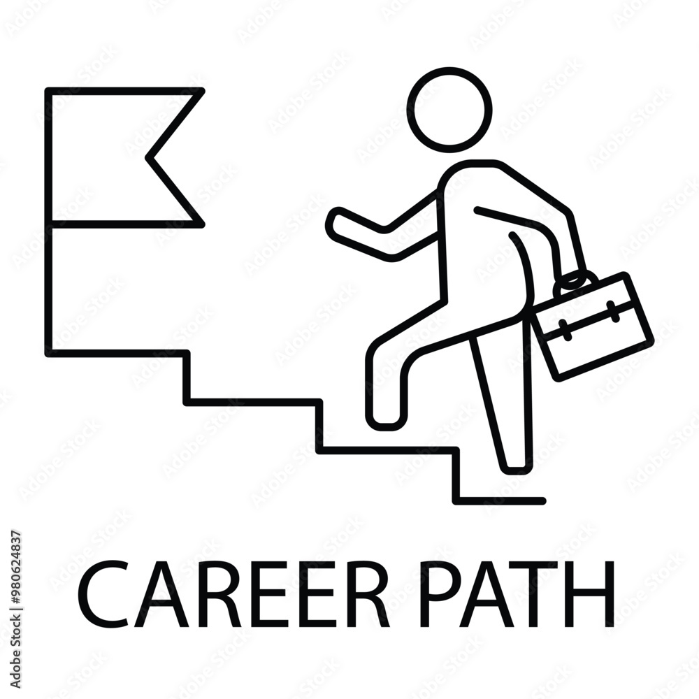 Vector icon for career path. A person climbing steps towards a flag, representing career progression, growth, and professional goals in monoline style. Vector icon for career path. A person climbing steps towards a flag, representing career progression, growth, and professional goals in monoline style.