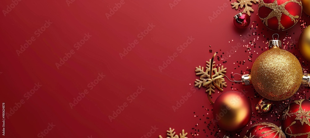 Captivating holiday background featuring red and gold ornaments, snowflakes, and glitter. Perfect for Christmas and New Year themes, greeting cards, banners, and festive promotions. Captivating holiday background featuring red and gold ornaments, snowflakes, and glitter. Perfect for Christmas and New Year themes, greeting cards, banners, and festive promotions.