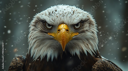 Close-up portrait of a bald eagle with snow falling in the background.