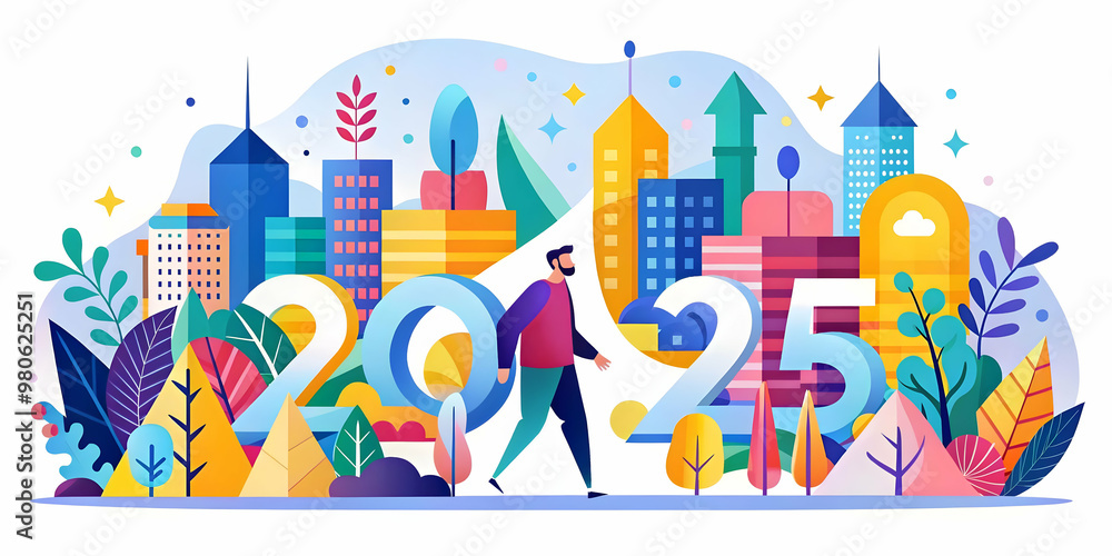 Flat Abstract New Year Journey 2025: Vibrant Colors and Shapes Symbolizing Transition in a Smooth Vector Illustration Flat Abstract New Year Journey 2025: Vibrant Colors and Shapes Symbolizing Transition in a Smooth Vector Illustration