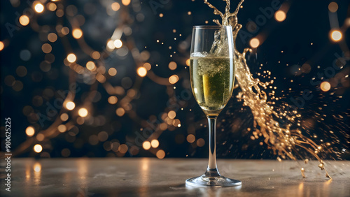 Floating Champagne Flute Splash - Celebrate New Year 2025 with Dynamic Movement and Sparkling Details of Champagne in Isolated Photo Stock Concept