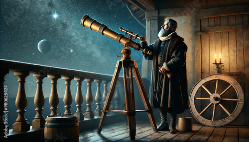 Galileo Galilei stargazes through his telescope, capturing a groundbreaking moment in astronomical history, as the starry night sky reveals celestial wonders