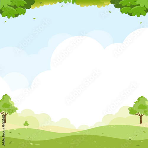 Sky blue with cloud background,Spring landscape with green grass field and tree on mountain,Panorama Nature Summer rural with copy space,Cute Cartoon vector illustration backdrop banner for Easter