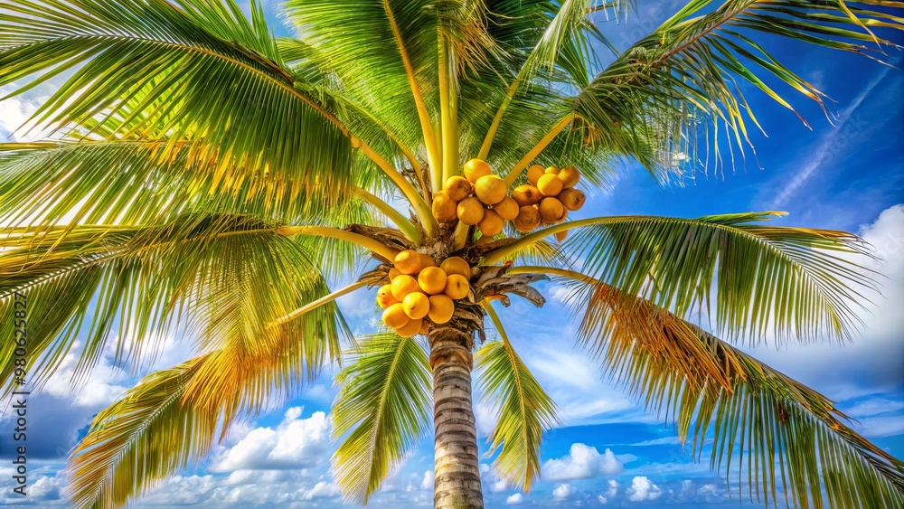 Obraz premium Palm tree with ripe yellow fruit hanging from slender branches swaying gently in the breeze on a sunny tropical island.