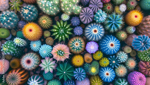 A vibrant and seamless aerial illustration of multicolored cacti photo