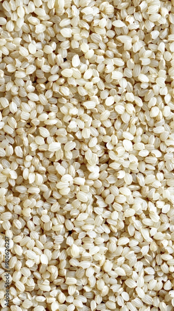 Natural light highlights the fine texture of white sesame seeds on a wooden surface Natural light highlights the fine texture of white sesame seeds on a wooden surface
