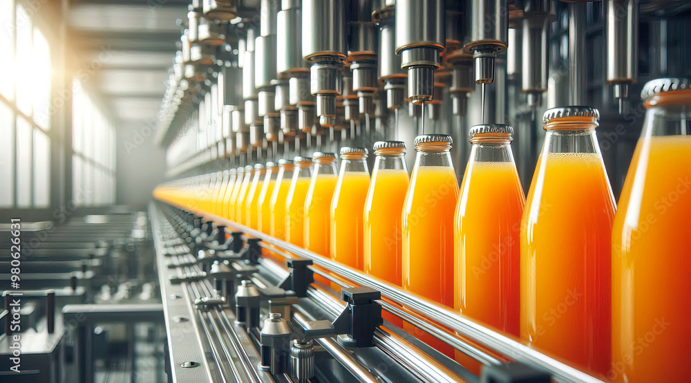 Line of bottling of orange fruit juice bottles on clean light factory with closeup view on the sweet drink bottle Line of bottling of orange fruit juice bottles on clean light factory with closeup view on the sweet drink bottle
