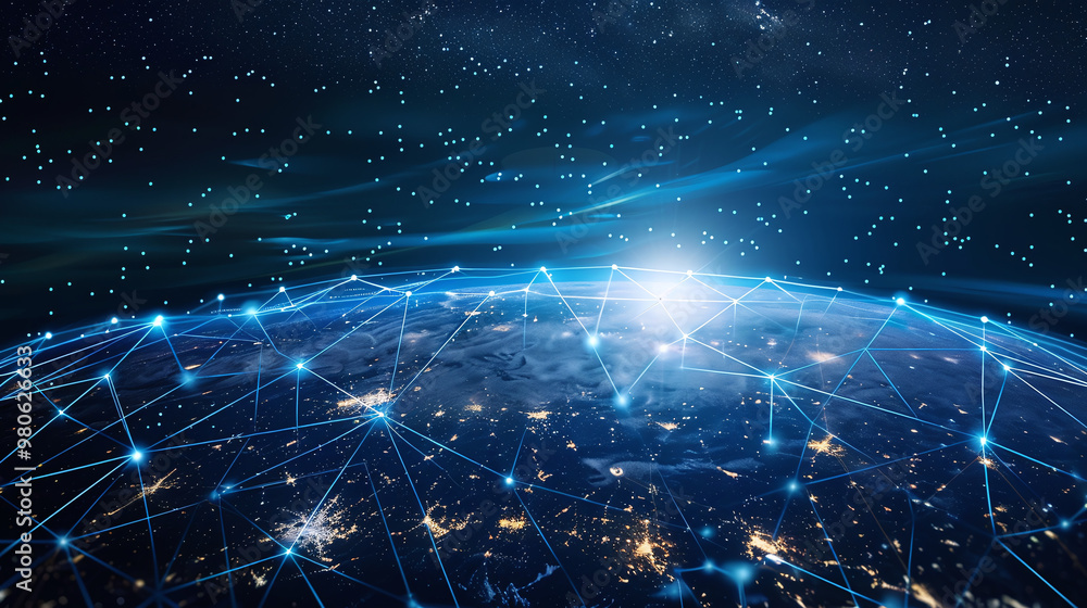 Continents of planet Earth are connected by dark blue lines symbolizing digital connection between people Continents of planet Earth are connected by dark blue lines symbolizing digital connection between people