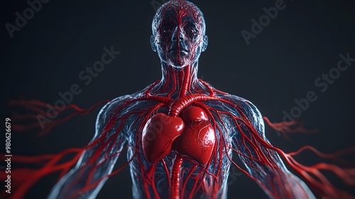 Anatomy of the human circulatory system, hyper-realistic, showing heart, veins, and arteries in high-quality, sharp and detailed illustration photo