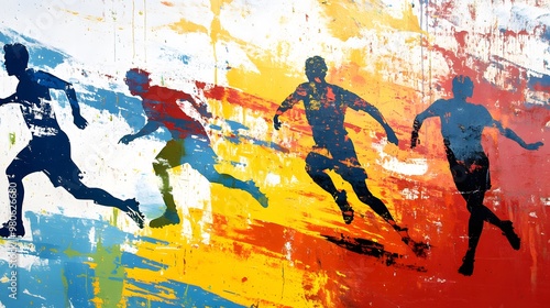 Abstract Artwork with Silhouettes of Runners on a Colorful Background