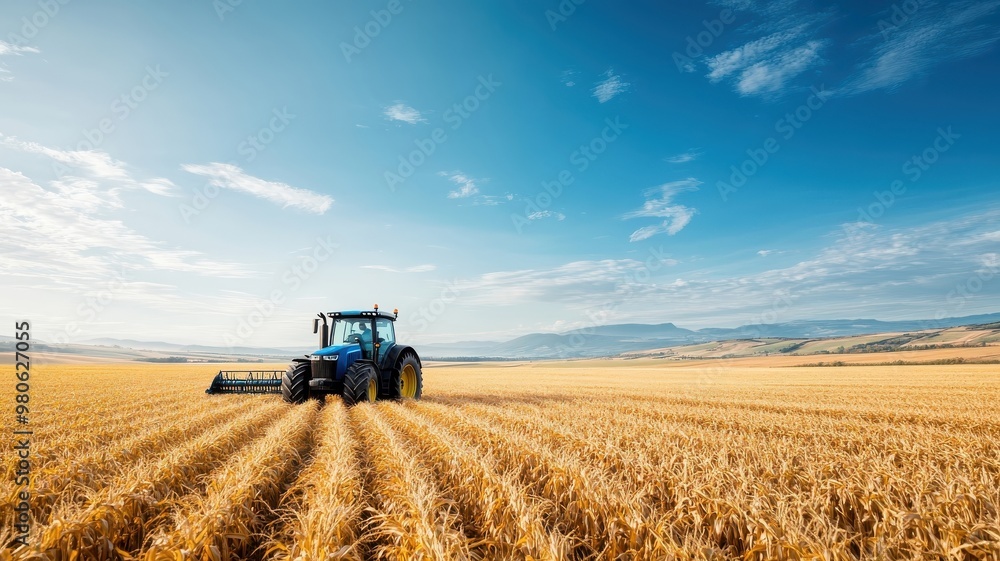Panoramic view of vast cornfield with tractor harvesting. Panoramic view of vast cornfield with tractor harvesting.