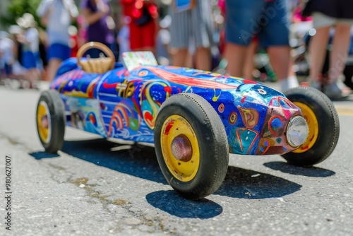 Close-up of a colorful soapbox, race car on a track, showcasing speed and competition at a motorsport event, evoking the excitement of classic racing.