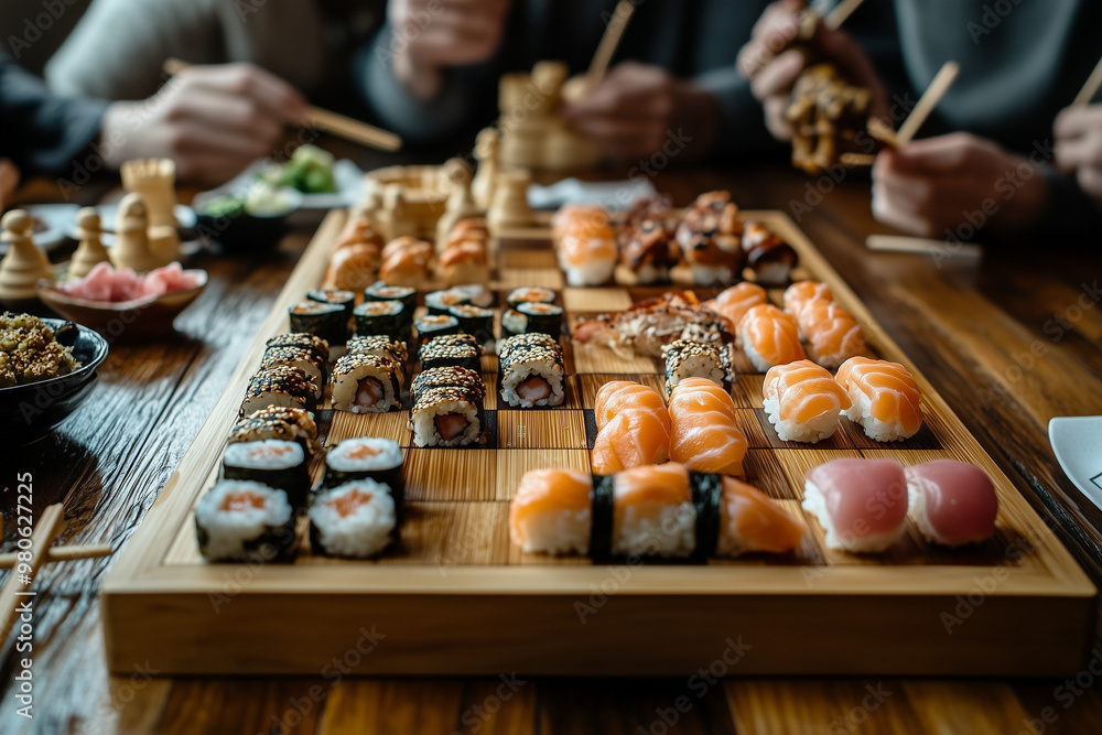 Sushi on the chessboard table and people with sticks eating in the background closeup, Sushi on the chessboard table and people with sticks eating in the background closeup,