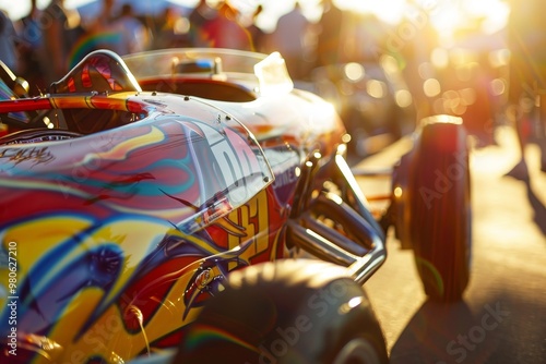 Close-up of a colorful soapbox, race car on a track, showcasing speed and competition at a motorsport event, evoking the excitement of classic racing. photo