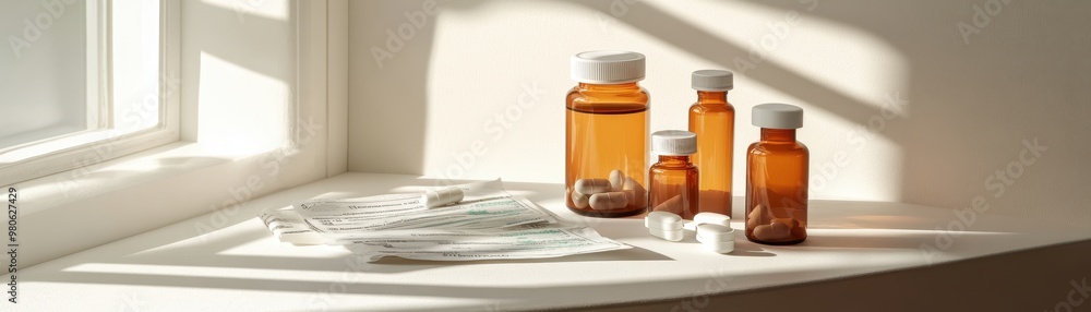 Four amber glass bottles on a white windowsill bathed in sunlight. Four amber glass bottles on a white windowsill bathed in sunlight.