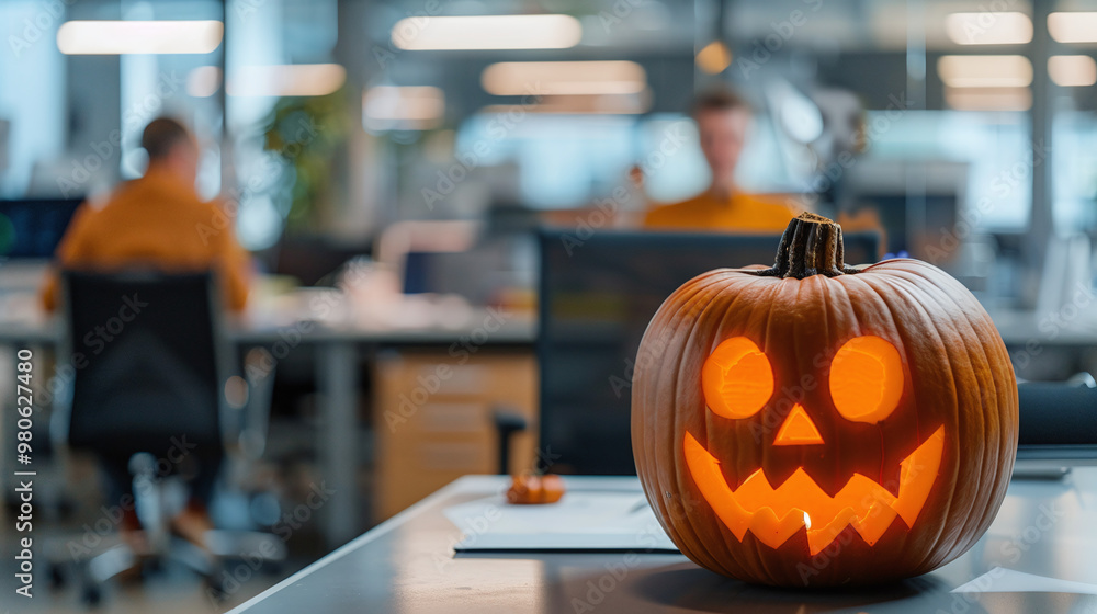 Halloween jack o lantern pumpkin on office table with colleagues meeting in background Halloween jack o lantern pumpkin on office table with colleagues meeting in background