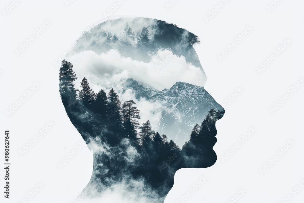 Double exposure of a head silhouette blended with a mountain peak and clouds, representing the connection between human thoughts and the natural landscape, evoking imagination and environmental awaren Double exposure of a head silhouette blended with a mountain peak and clouds, representing the connection between human thoughts and the natural landscape, evoking imagination and environmental awaren