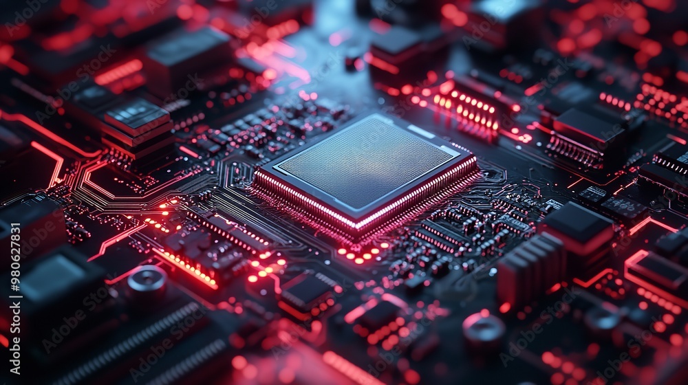 3D render of a chip with light effects on a blue background, in the digital and technological concept 3D render of a chip with light effects on a blue background, in the digital and technological concept