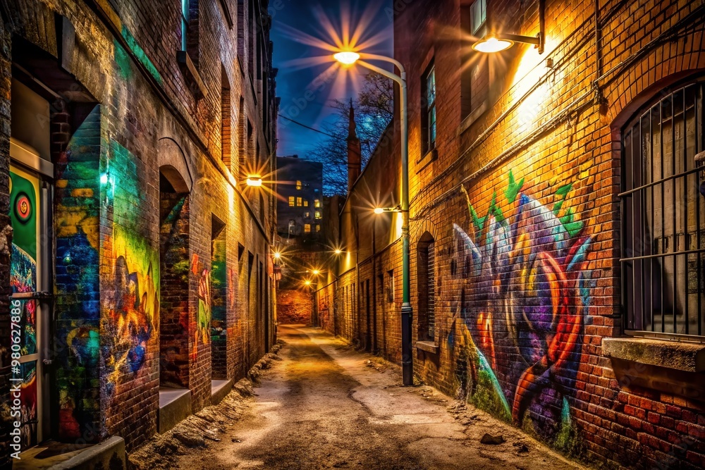 Abandoned urban alleyway with vibrant graffiti art splashed across crumbling brick walls, dimly lit by a distant streetlamp, evoking a sense of gritty rebellion. Abandoned urban alleyway with vibrant graffiti art splashed across crumbling brick walls, dimly lit by a distant streetlamp, evoking a sense of gritty rebellion.